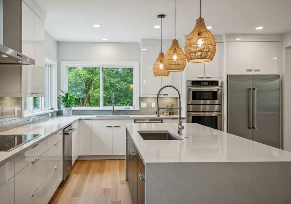 A modern remodeled kitchen with quartz island and oak floors